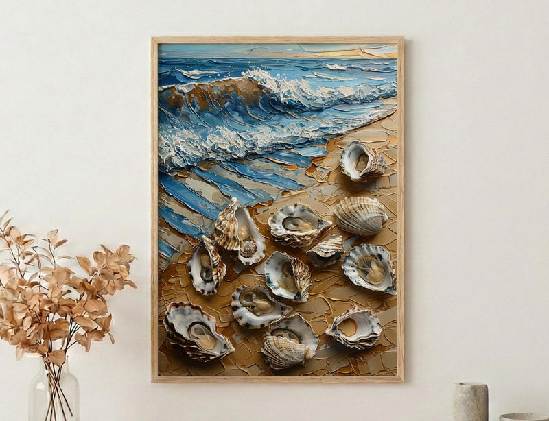 Oyster Shell Beach Poster, Preppy Coastal Striped Navy Decor - Golden Summer Sand Scene