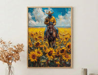 Western Horse Wall Art, Cowboy Blooming Sunflower Field Decor - Bright Yellow Summer Nature View