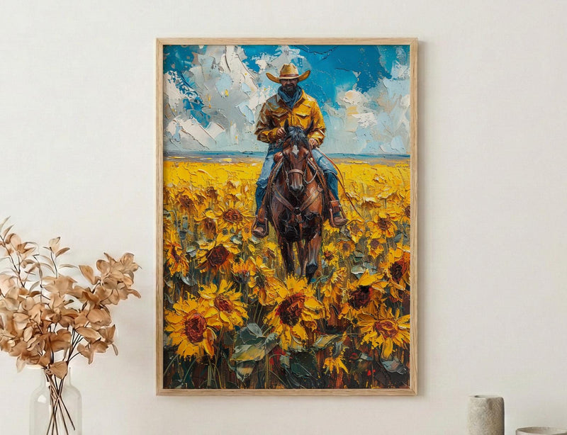 Western Horse Wall Art, Cowboy Blooming Sunflower Field Decor - Bright Yellow Summer Nature View