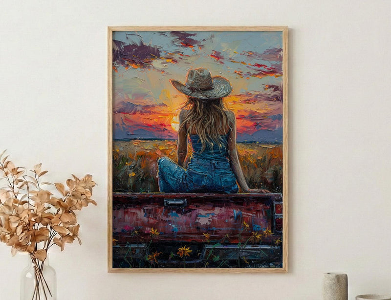 Coastal Cowgirl Art Print, Relaxing Vintage Red Truck Decor - Golden Sunset Summer Field Scene
