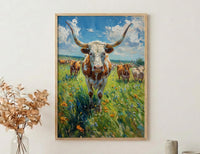 Texas Longhorn Cattle Poster, Western Animal Nature Decor - Lush Green Summer Pasture Blue Sky
