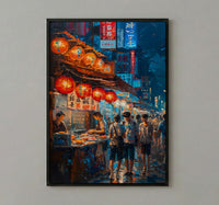 Tokyo Art Print, Summer Food Stall Decor - Night Street Landscape