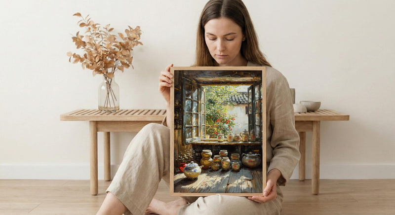 Chinese Tea Market Art, Antique Teapot Decor - Summer Morning Print