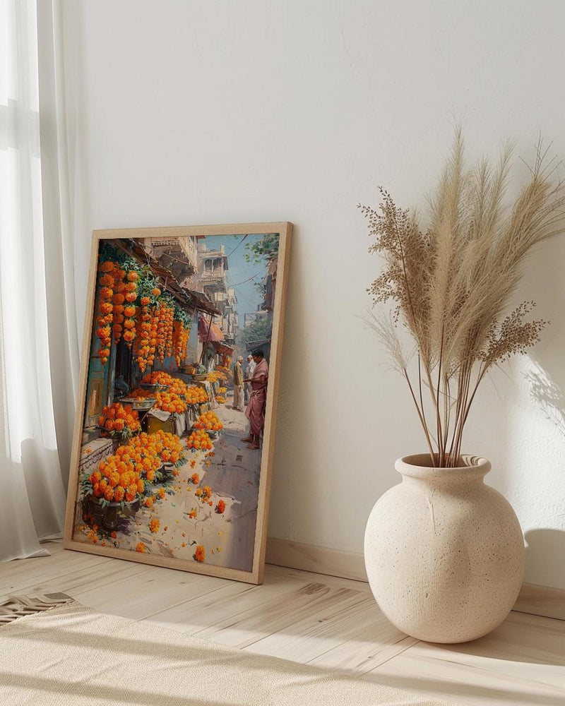 Jaipur Market Art Print, Orange Marigold Decor - India Street Poster