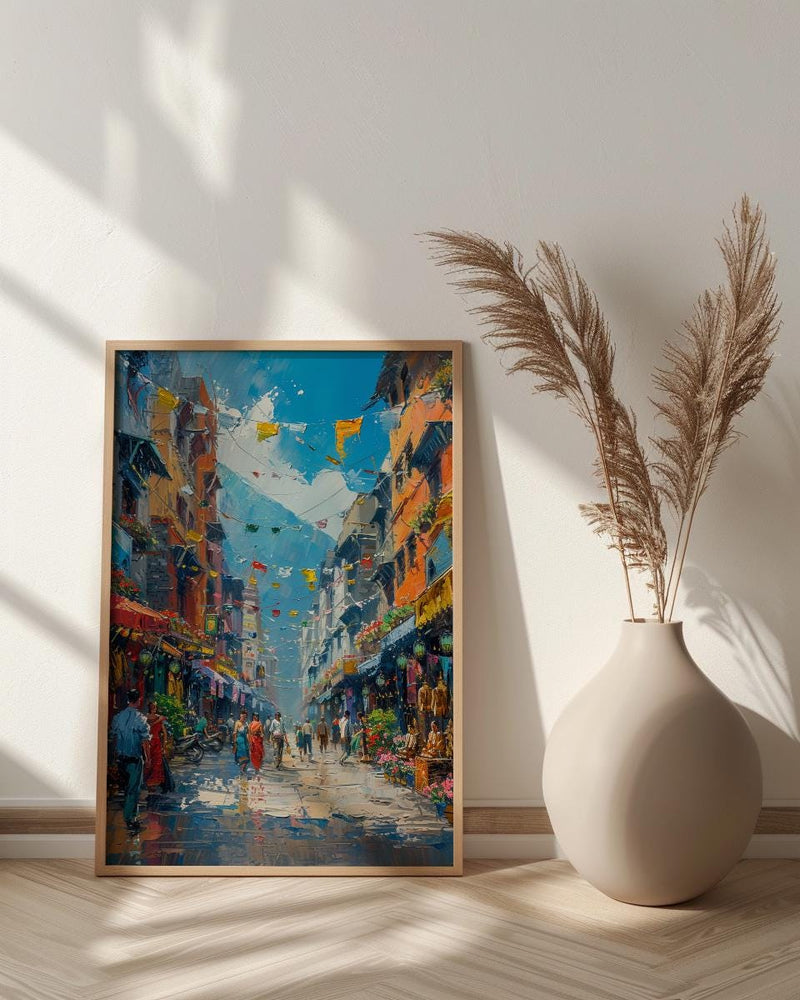 Kathmandu Market Poster, Nepal Thangka Decor - Prayer Flag Art