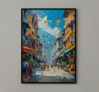 Kathmandu Market Poster, Nepal Thangka Decor - Prayer Flag Art