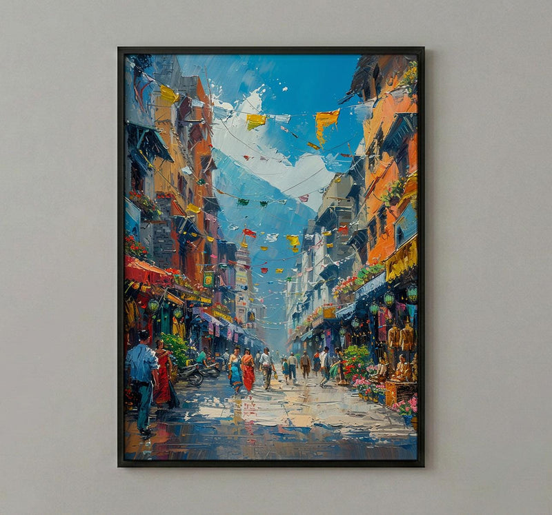 Kathmandu Market Poster, Nepal Thangka Decor - Prayer Flag Art