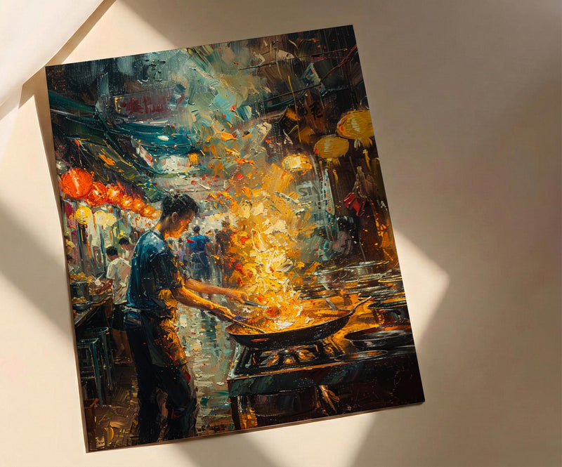 Penang Hawker Center Art, Malaysia Food Decor - Night Market Print