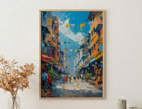 Kathmandu Market Poster, Nepal Thangka Decor - Prayer Flag Art