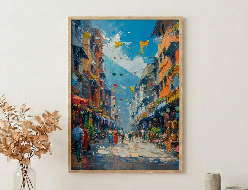 Kathmandu Market Poster, Nepal Thangka Decor - Prayer Flag Art