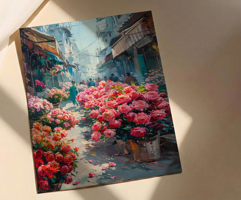 Dhaka Flower Market Art, Bangladesh Floral Decor - Red Lotus Print