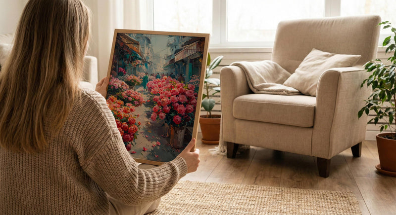 Dhaka Flower Market Art, Bangladesh Floral Decor - Red Lotus Print