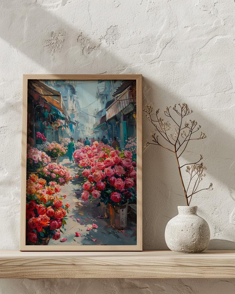 Dhaka Flower Market Art, Bangladesh Floral Decor - Red Lotus Print