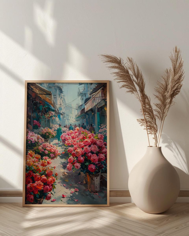 Dhaka Flower Market Art, Bangladesh Floral Decor - Red Lotus Print