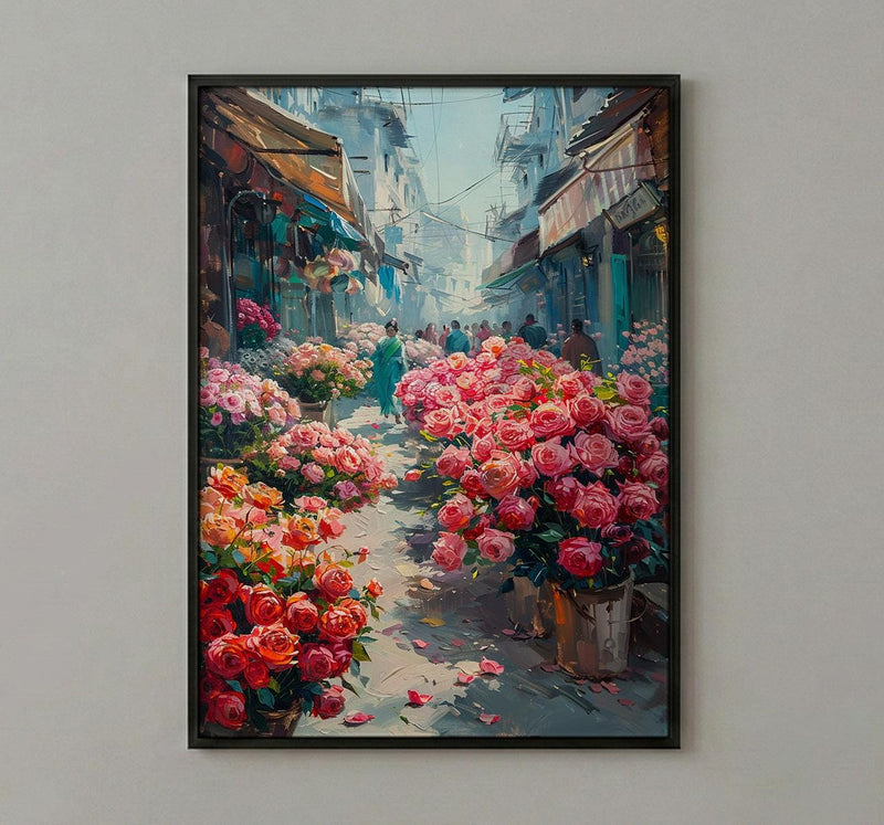 Dhaka Flower Market Art, Bangladesh Floral Decor - Red Lotus Print