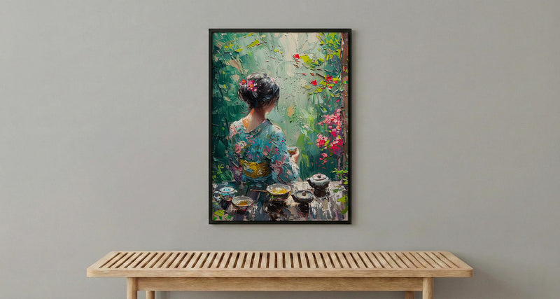 Japanese Tea Ceremony, Summer Garden Decor - Floral Kimono Print