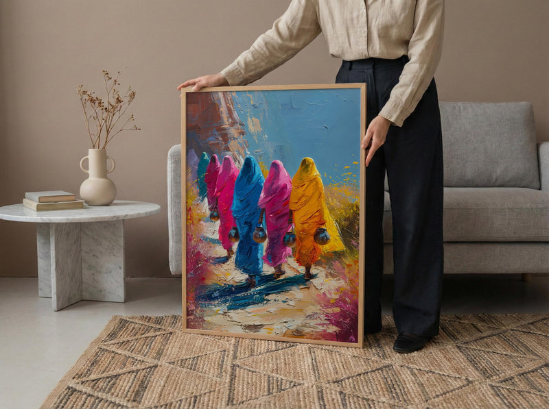 Rajasthan Desert Art, Pink Sari Decor - Indian Summer Print