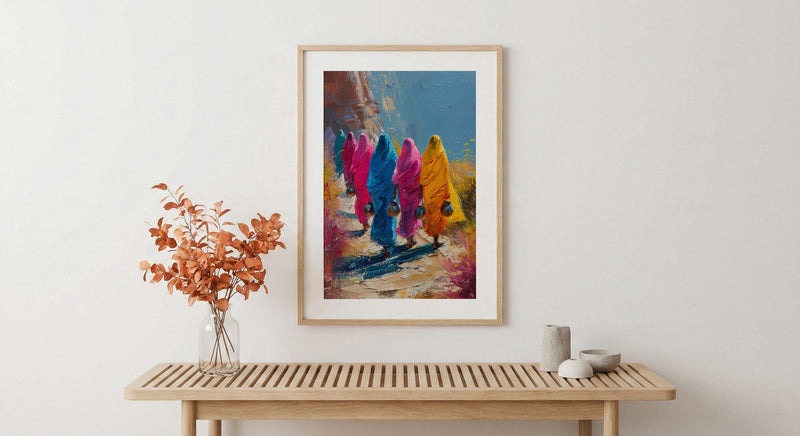 Rajasthan Desert Art, Pink Sari Decor - Indian Summer Print