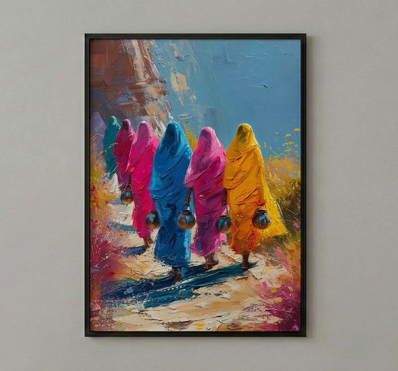Rajasthan Desert Art, Pink Sari Decor - Indian Summer Print