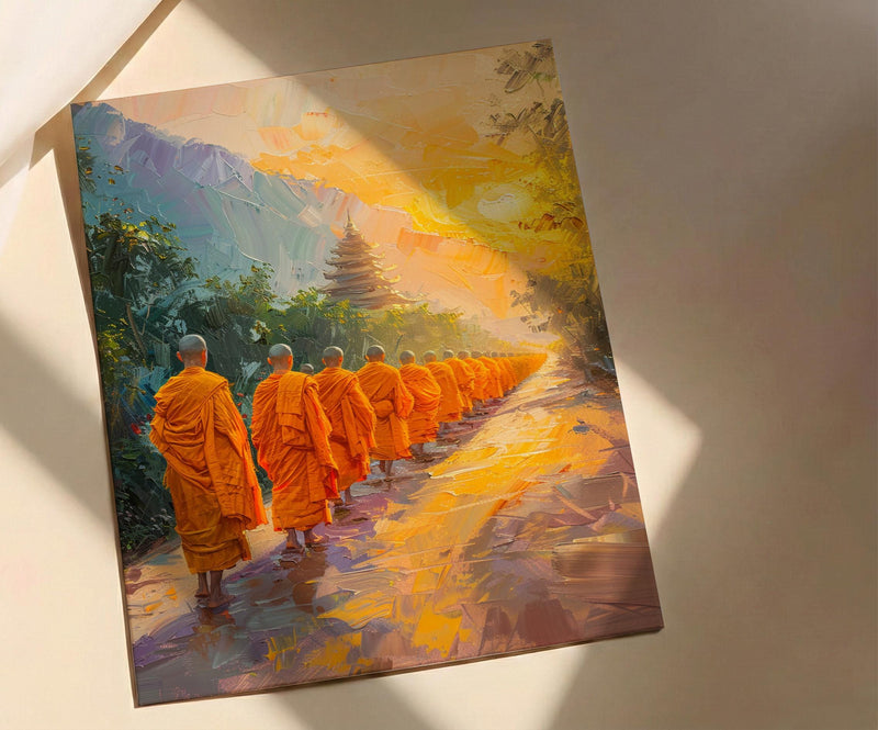 Thai Monk Art Print, Saffron Robe Decor - Sunrise Landscape