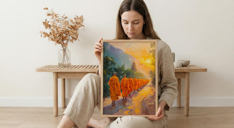 Thai Monk Art Print, Saffron Robe Decor - Sunrise Landscape