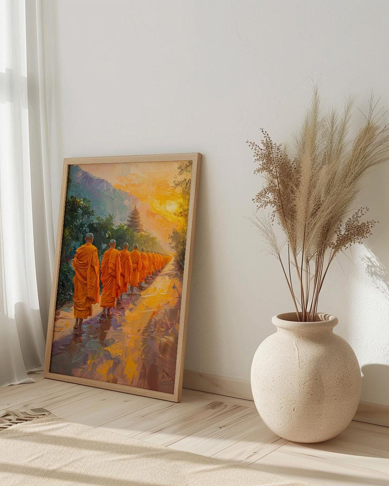 Thai Monk Art Print, Saffron Robe Decor - Sunrise Landscape