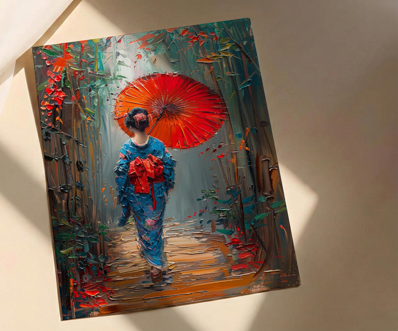 Kyoto Geisha Poster, Red Umbrella Decor - Japan Street Art