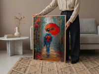 Kyoto Geisha Poster, Red Umbrella Decor - Japan Street Art