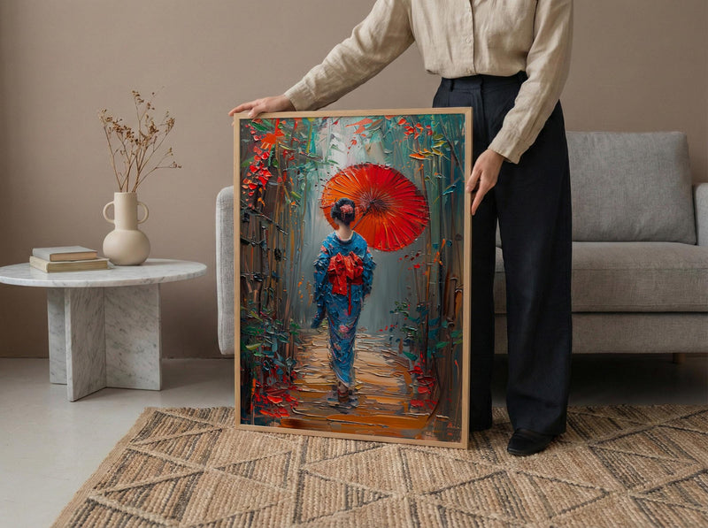 Kyoto Geisha Poster, Red Umbrella Decor - Japan Street Art