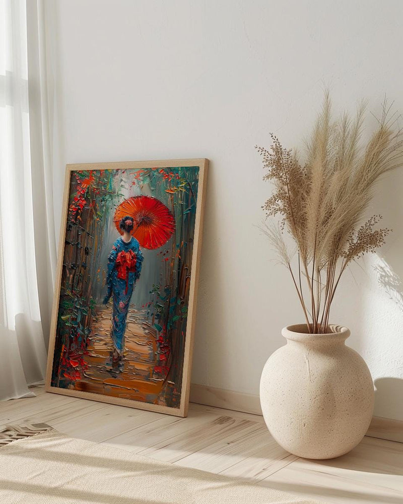Kyoto Geisha Poster, Red Umbrella Decor - Japan Street Art