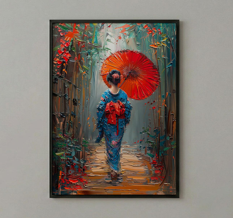 Kyoto Geisha Poster, Red Umbrella Decor - Japan Street Art