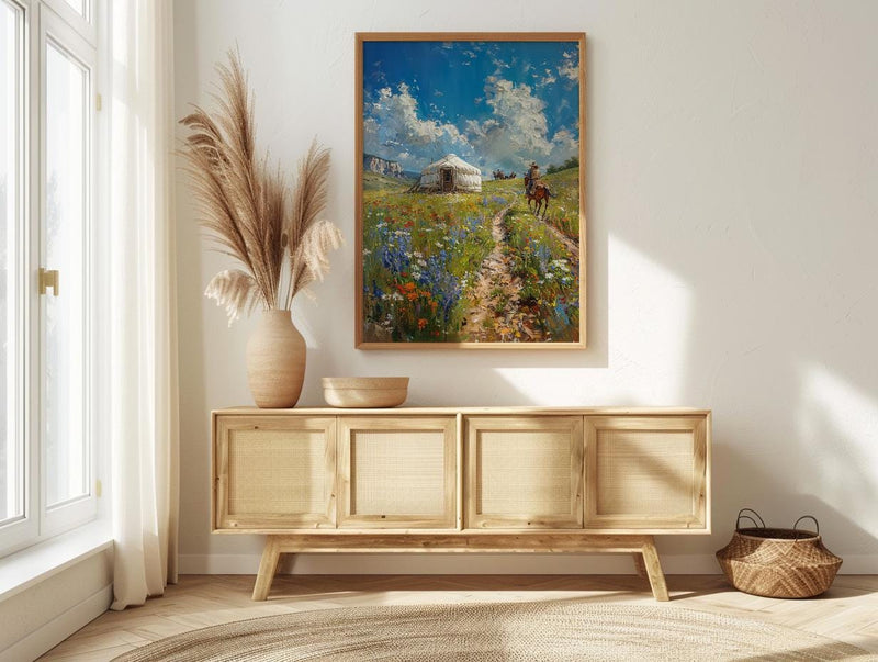 Mongolian Steppe Art, White Yurt Decor - Nomad Summer Print