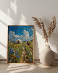 Mongolian Steppe Art, White Yurt Decor - Nomad Summer Print