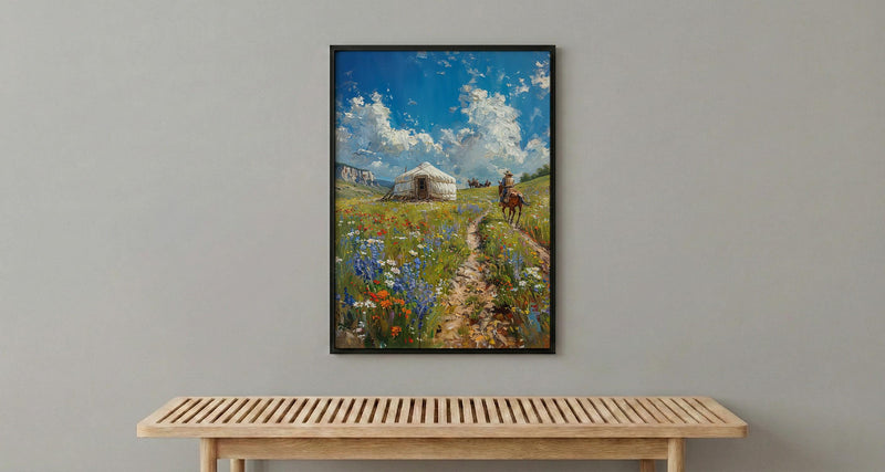 Mongolian Steppe Art, White Yurt Decor - Nomad Summer Print