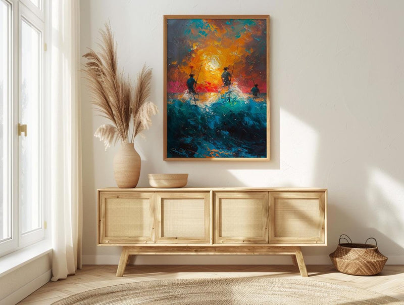 Sri Lanka Ocean Art, Stilt Fishermen - Summer Sunset Poster