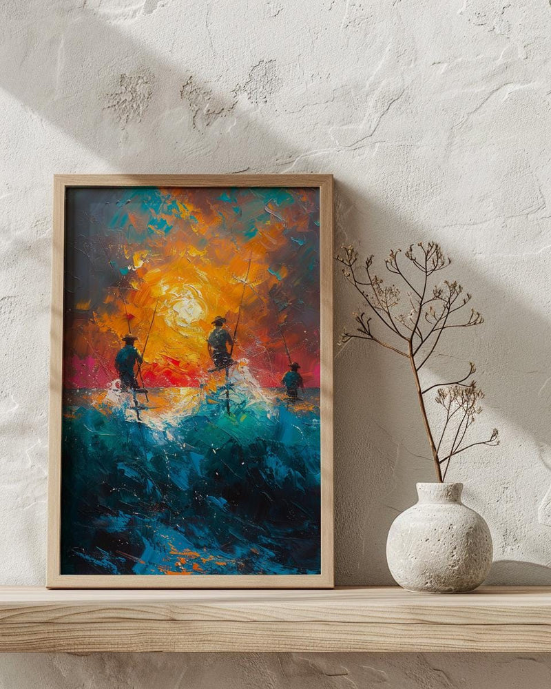 Sri Lanka Ocean Art, Stilt Fishermen - Summer Sunset Poster