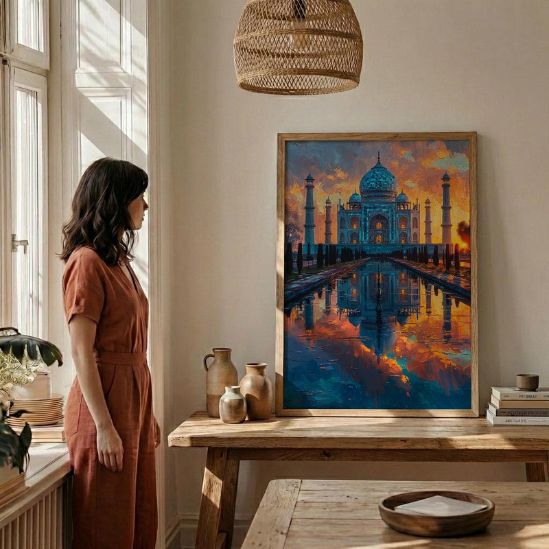Taj Mahal Art Print, Peach Sunrise Decor - India Landscape