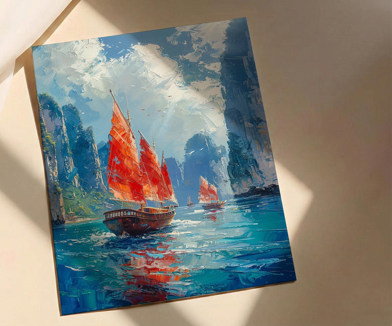 Ha Long Bay Poster, Wooden Boat Decor - Vietnam Landscape