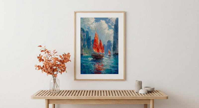 Ha Long Bay Poster, Wooden Boat Decor - Vietnam Landscape