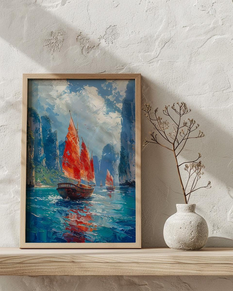 Ha Long Bay Poster, Wooden Boat Decor - Vietnam Landscape