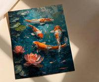 Japanese Koi Pond Poster, Zen Garden Decor - Pink Water Lily Art