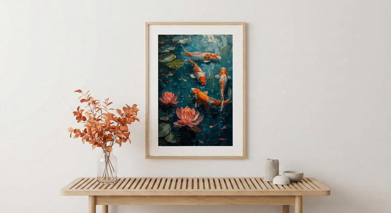 Japanese Koi Pond Poster, Zen Garden Decor - Pink Water Lily Art