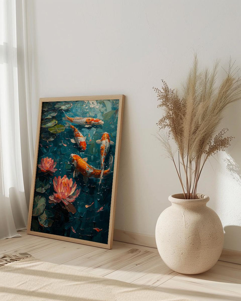 Japanese Koi Pond Poster, Zen Garden Decor - Pink Water Lily Art