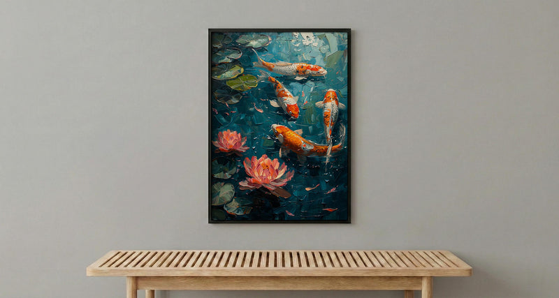 Japanese Koi Pond Poster, Zen Garden Decor - Pink Water Lily Art