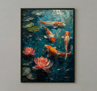 Japanese Koi Pond Poster, Zen Garden Decor - Pink Water Lily Art