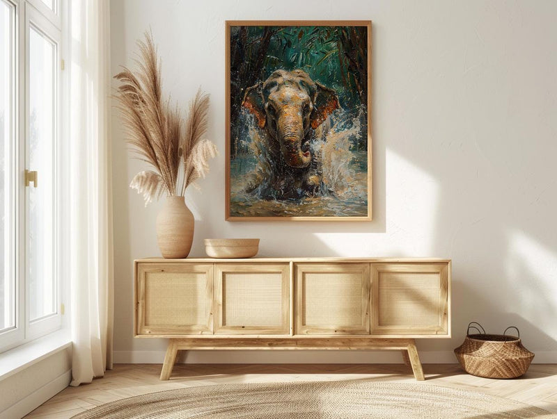 Thai Elephant Art Print, Tropical Jungle Decor - Splashing Water
