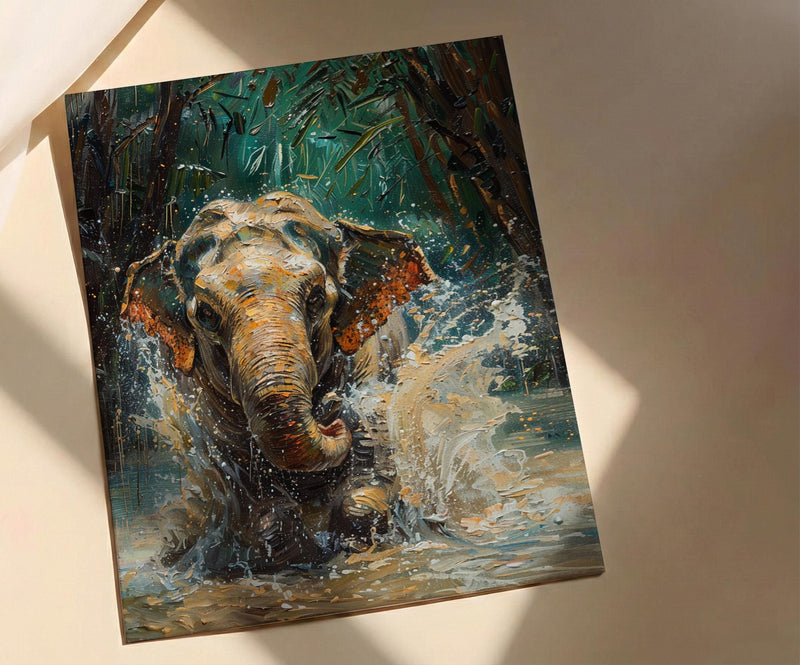 Thai Elephant Art Print, Tropical Jungle Decor - Splashing Water