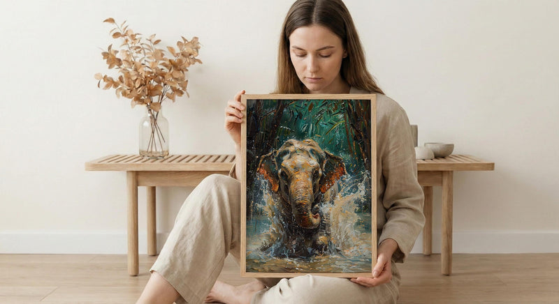 Thai Elephant Art Print, Tropical Jungle Decor - Splashing Water