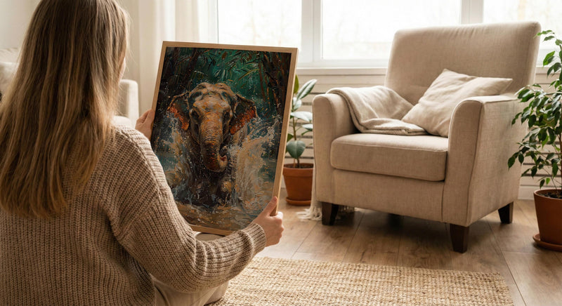 Thai Elephant Art Print, Tropical Jungle Decor - Splashing Water