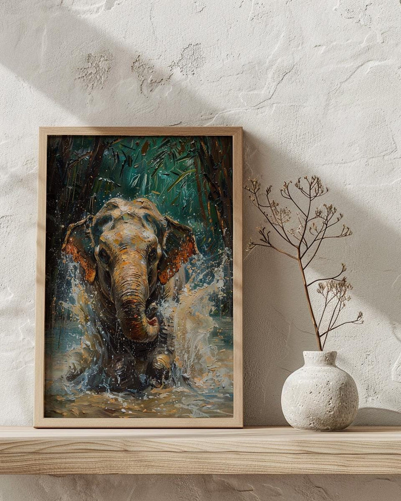 Thai Elephant Art Print, Tropical Jungle Decor - Splashing Water